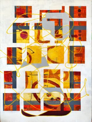 This is a red and yellow-brown abstract landscape oil and cold wax painting divided into squares by white overlay. A scribble of yellow filled in with grey and gold bring fun and optical illusion to the viewer. New Zealand abstract painting.