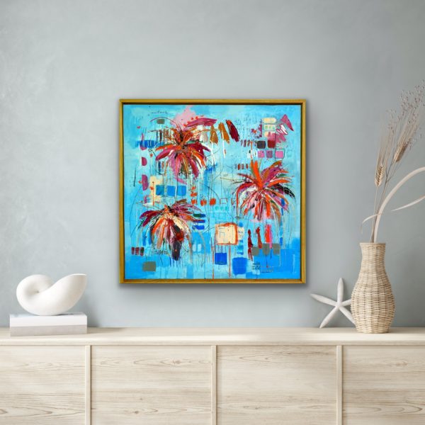 pinl palm trees or flashing lights of Los Vegas, an abstract oil and cold wax painting by NZ artist set in aa sustainable cypress frame made from her own timber