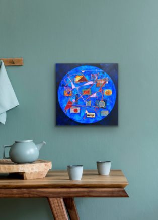 Medium red blue orange circle Abstract oil and cold wax painting featuring shapes and marks by Meg Gaddum