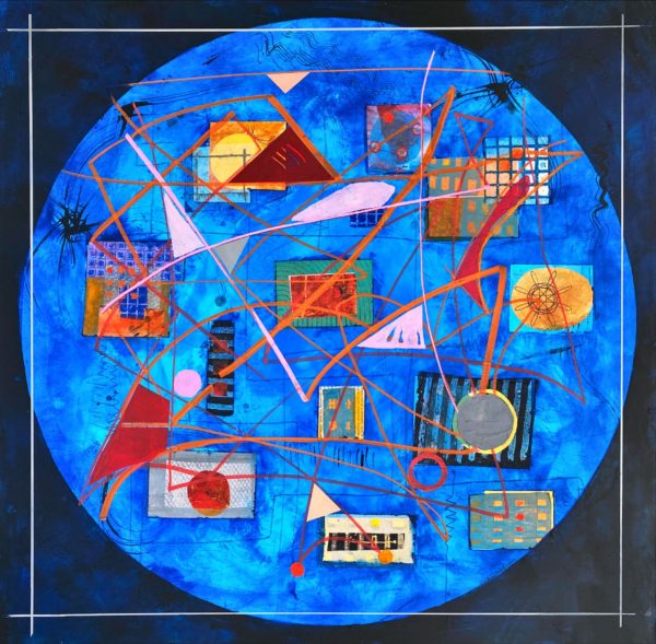 Medium red orange and blue circle Abstract oil and cold wax painting featuring shapes and marks by Meg Gaddum