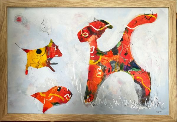 A requiem or RIP to all the pets we have ever had in this Medium red Abstract oil and cold wax painting featuring shapes and marks by Meg Gaddum NZ Artist