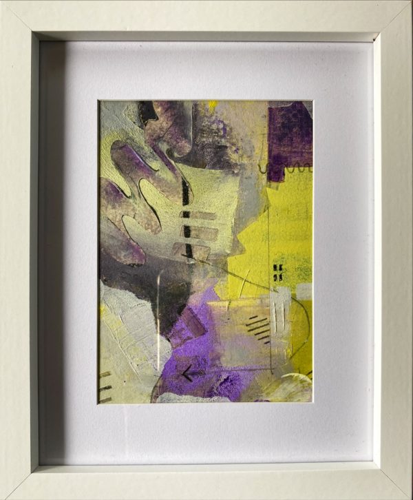 small Abstract oil and cold wax painting featuring complementary yellow and purple by Meg Gaddum