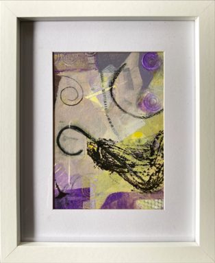 Small yellow and purple Abstract oil and cold wax painting featuring shapes and marks by Meg Gaddum